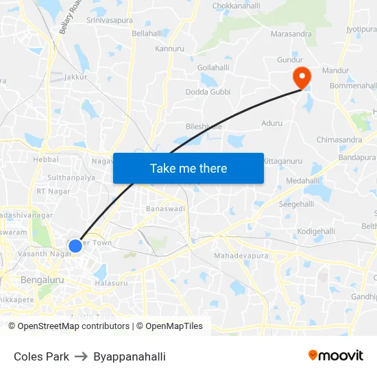 Coles Park to Byappanahalli map