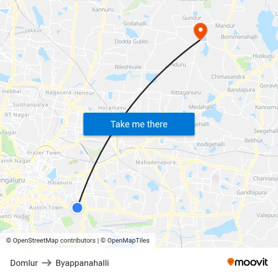 Domlur to Byappanahalli map
