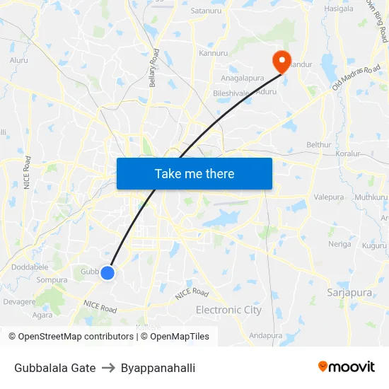 Gubbalala Gate to Byappanahalli map