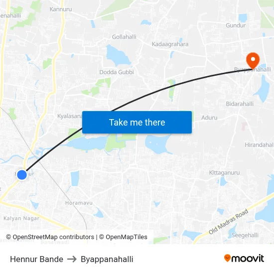 Hennur Bande to Byappanahalli map