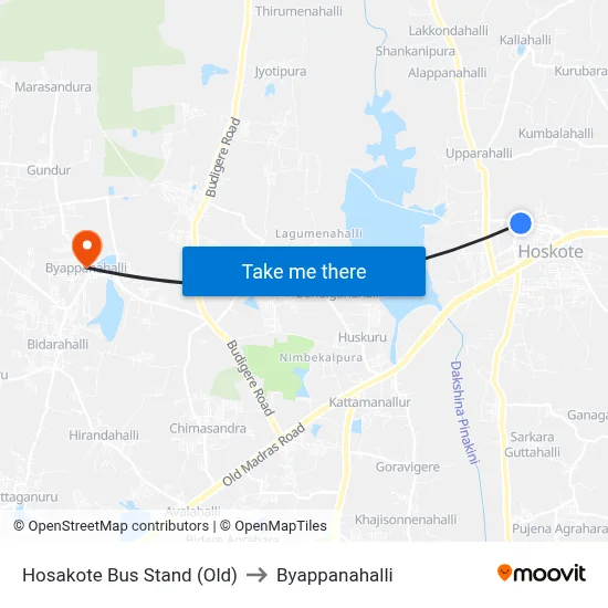 Hosakote Bus Stand (Old) to Byappanahalli map