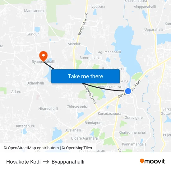 Hosakote Kodi to Byappanahalli map