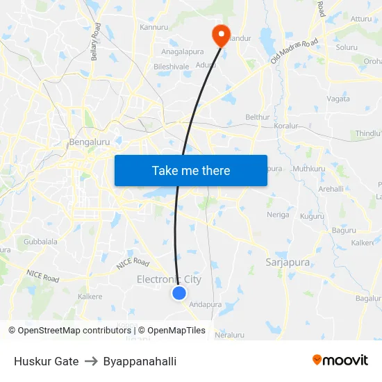 Huskur Gate to Byappanahalli map
