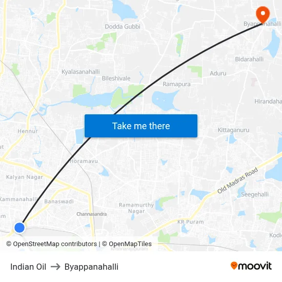 Indian Oil to Byappanahalli map