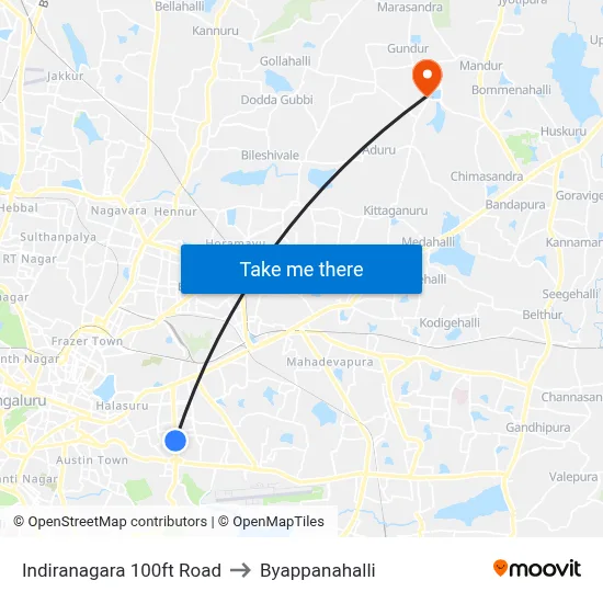 Indiranagara 100ft Road to Byappanahalli map