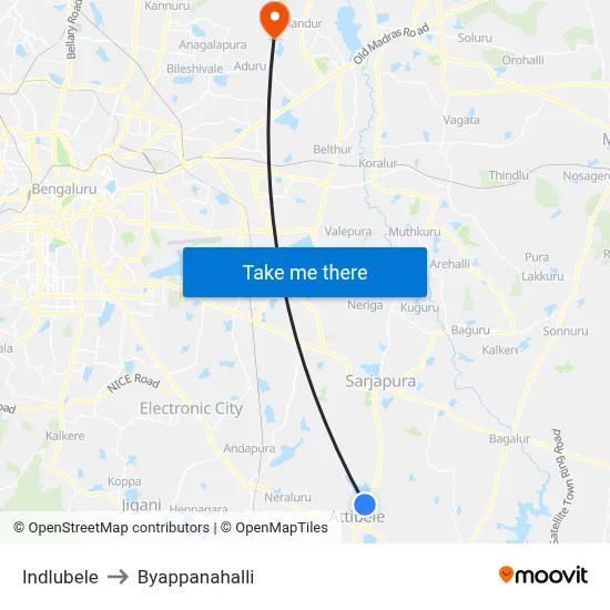 Indlubele to Byappanahalli map