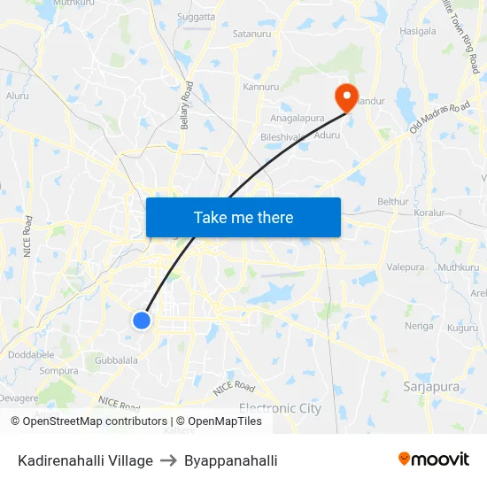 Kadirenahalli Village to Byappanahalli map