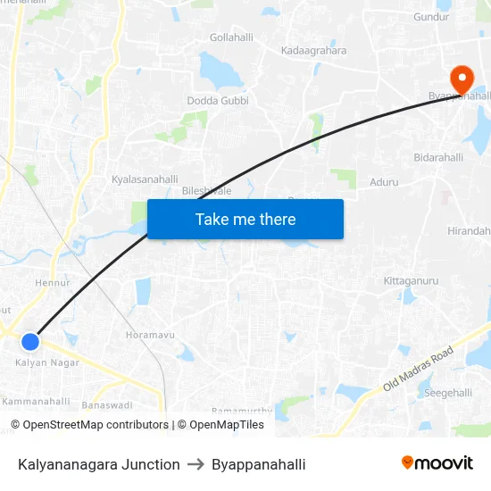 Kalyananagara Junction to Byappanahalli map