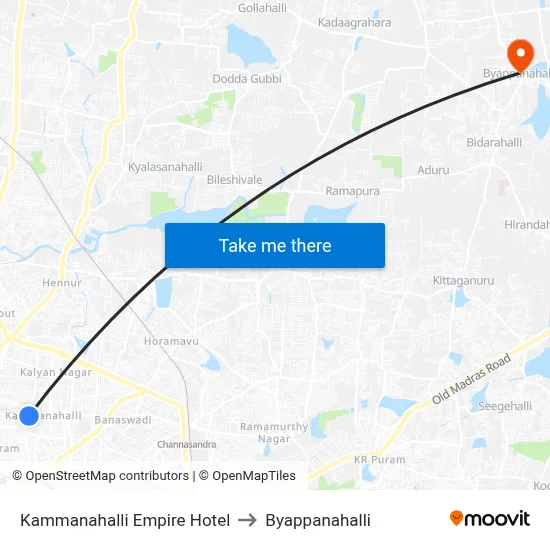 Kammanahalli Empire Hotel to Byappanahalli map