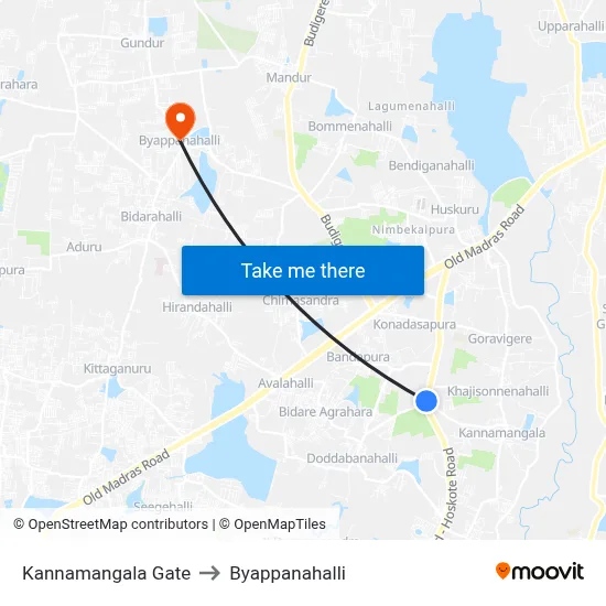 Kannamangala Gate to Byappanahalli map