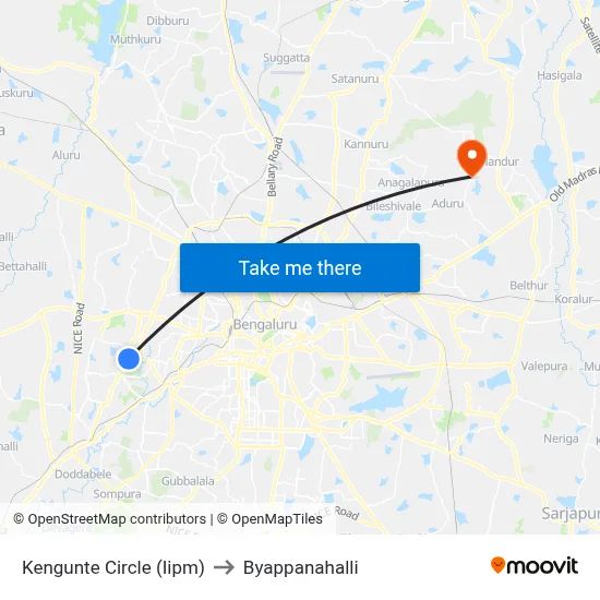 Kengunte Circle (Iipm) to Byappanahalli map