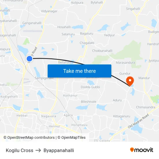 Kogilu Cross to Byappanahalli map