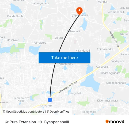 Kr Pura Extension to Byappanahalli map
