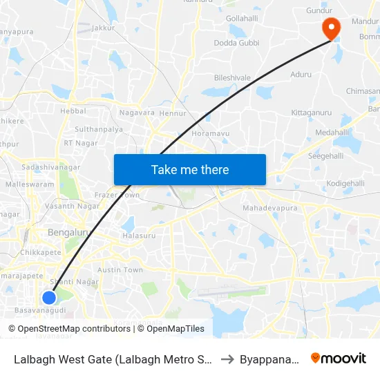 Lalbagh West Gate (Lalbagh Metro Station) to Byappanahalli map