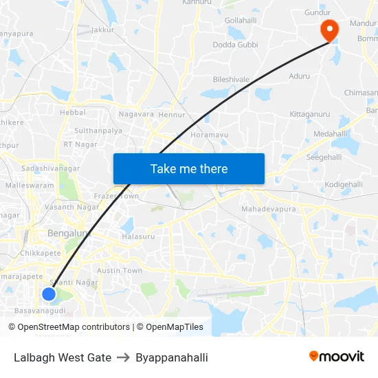 Lalbagh West Gate to Byappanahalli map