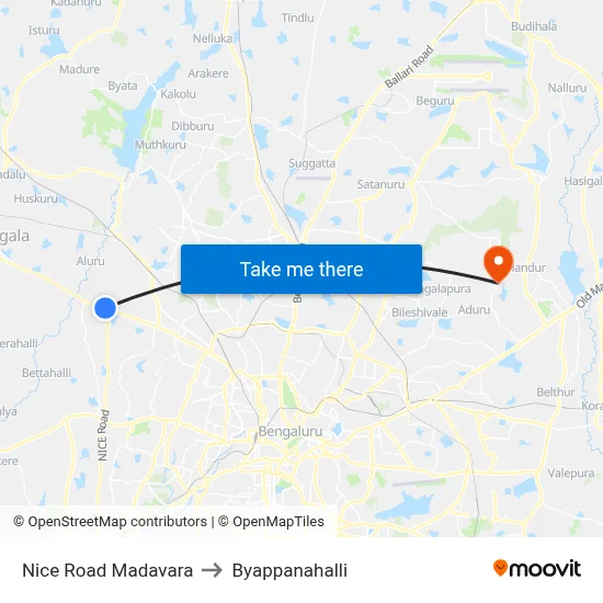 Nice Road Madavara to Byappanahalli map