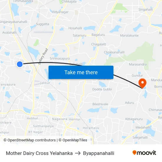 Mother Dairy Cross Yelahanka to Byappanahalli map