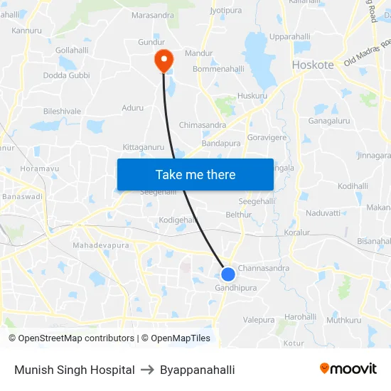 Munish Singh Hospital to Byappanahalli map
