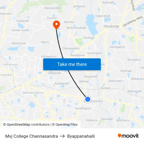 Mvj College Channasandra to Byappanahalli map