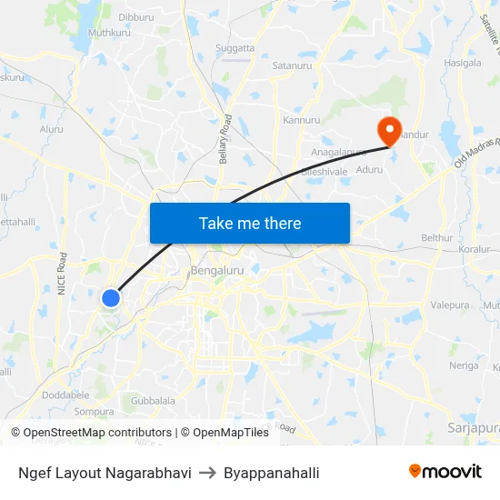 Ngef Layout Nagarabhavi to Byappanahalli map