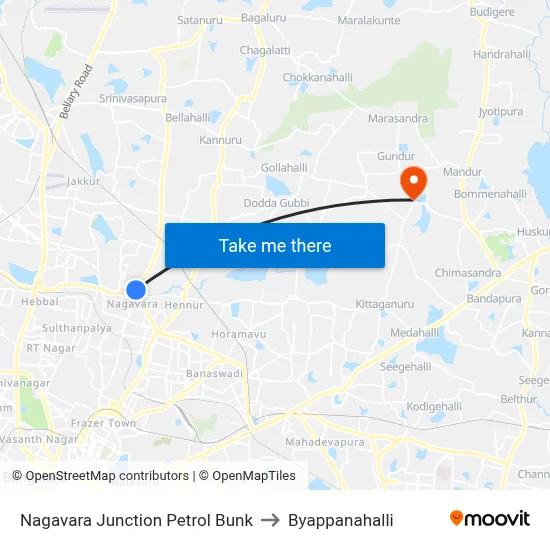 Nagavara Junction Petrol Bunk to Byappanahalli map