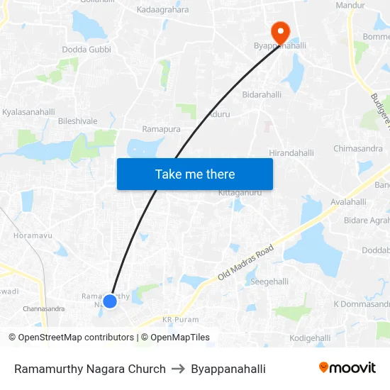 Ramamurthy Nagara Church to Byappanahalli map
