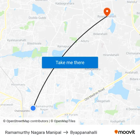 Ramamurthy Nagara Manipal to Byappanahalli map