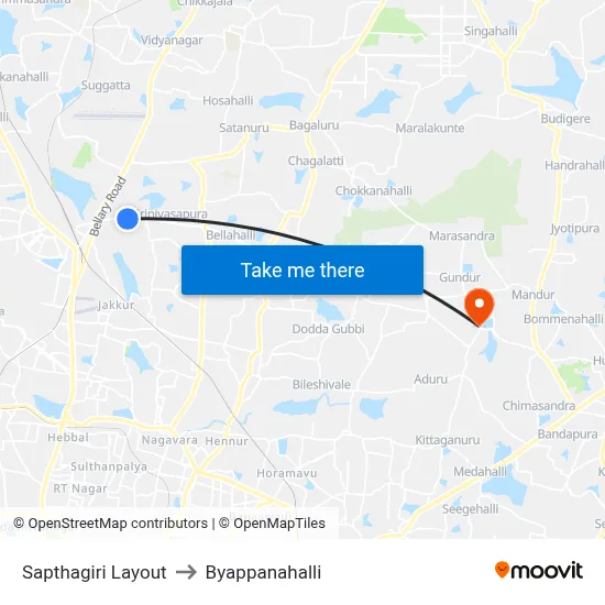 Sapthagiri Layout to Byappanahalli map