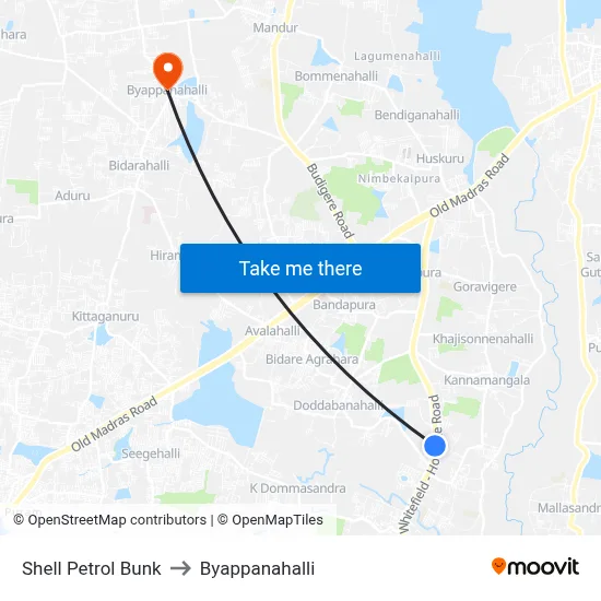 Shell Petrol Bunk to Byappanahalli map