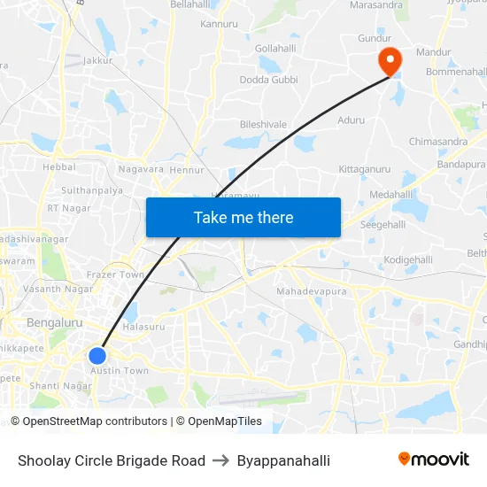 Shoolay Circle Brigade Road to Byappanahalli map