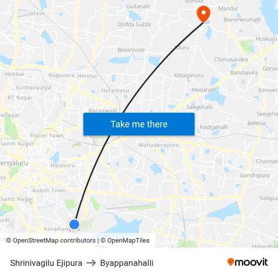 Shrinivagilu Ejipura to Byappanahalli map