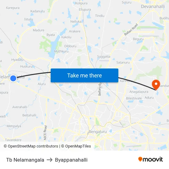 Tb Nelamangala to Byappanahalli map