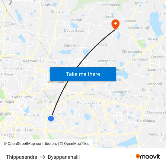 Thippasandra to Byappanahalli map