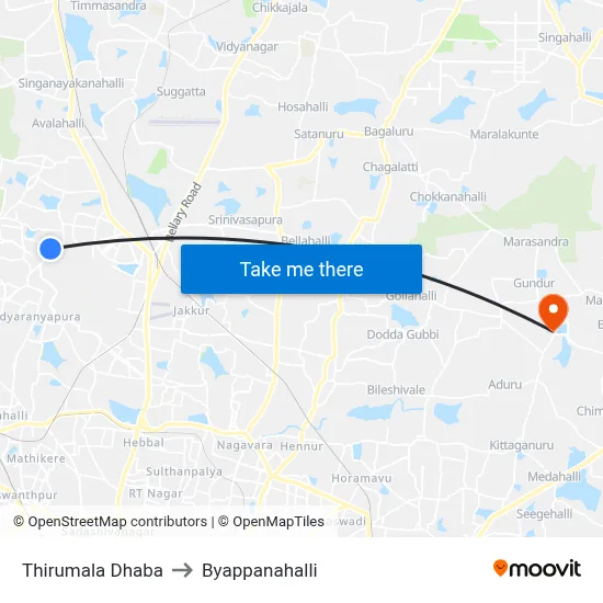 Thirumala Dhaba to Byappanahalli map