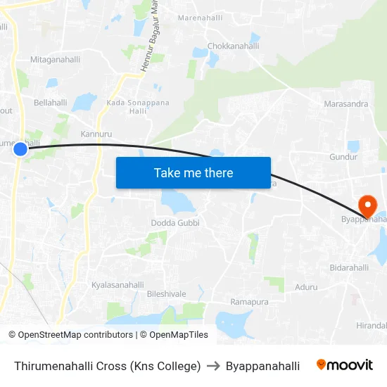 Thirumenahalli Cross (Kns College) to Byappanahalli map