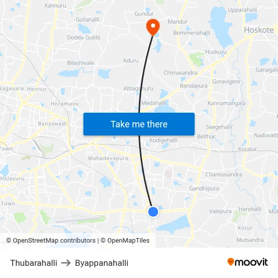 Thubarahalli to Byappanahalli map