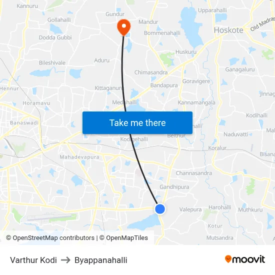 Varthur Kodi to Byappanahalli map