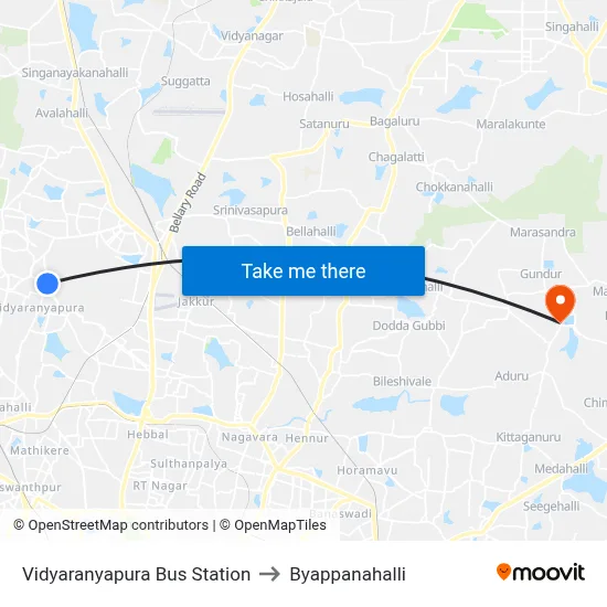 Vidyaranyapura Bus Station to Byappanahalli map