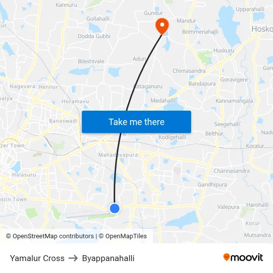 Yamalur Cross to Byappanahalli map