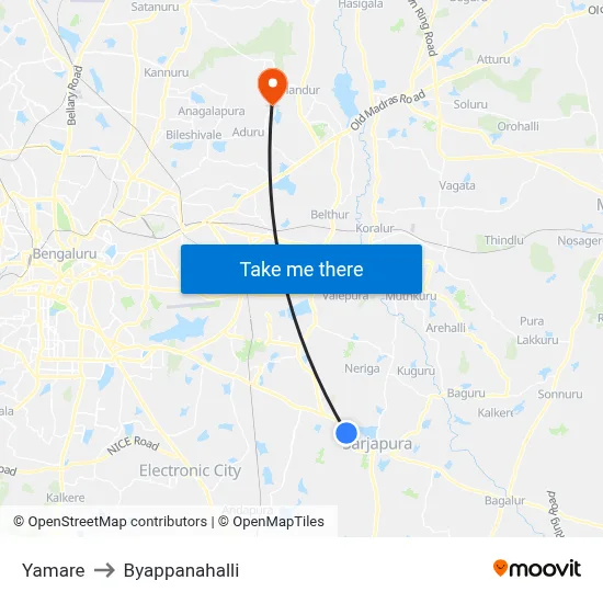 Yamare to Byappanahalli map