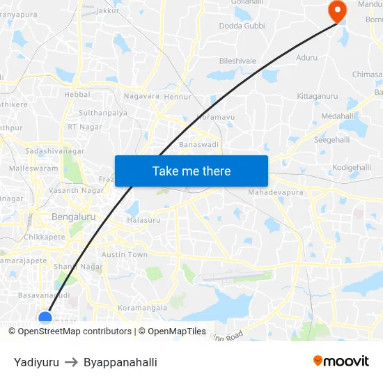 Yadiyuru to Byappanahalli map