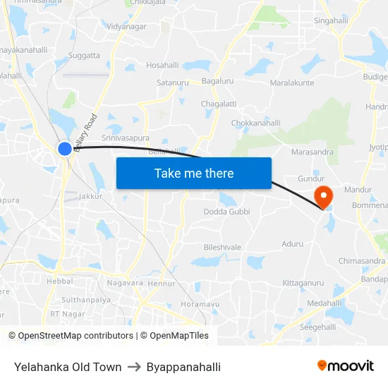 Yelahanka Old Town to Byappanahalli map