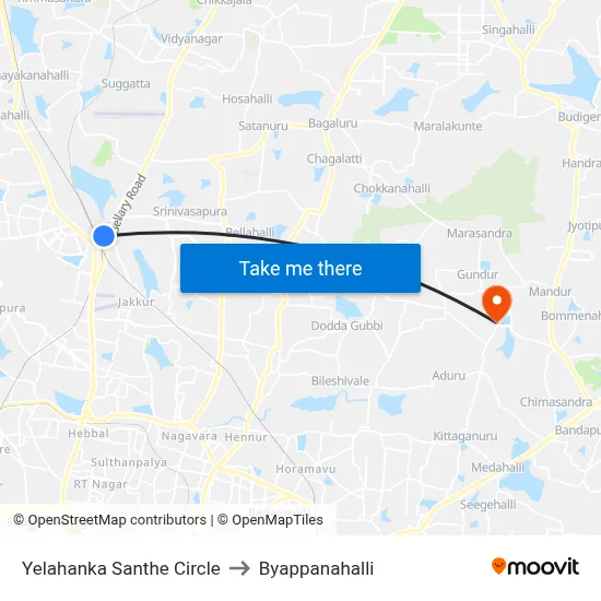 Yelahanka Santhe Circle to Byappanahalli map