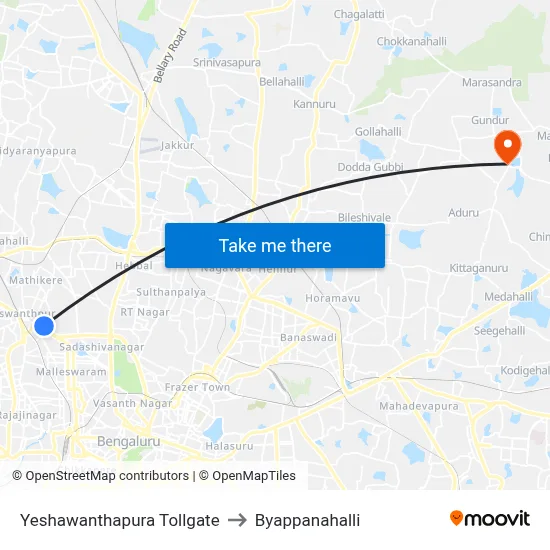 Yeshawanthapura Tollgate to Byappanahalli map