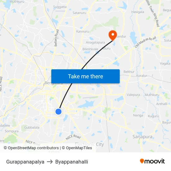 Gurappanapalya to Byappanahalli map