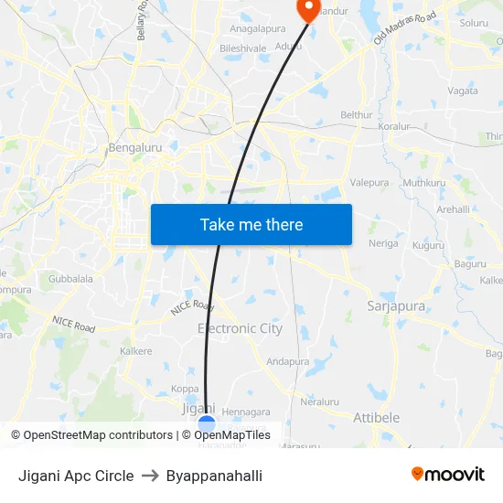 Jigani Apc Circle to Byappanahalli map