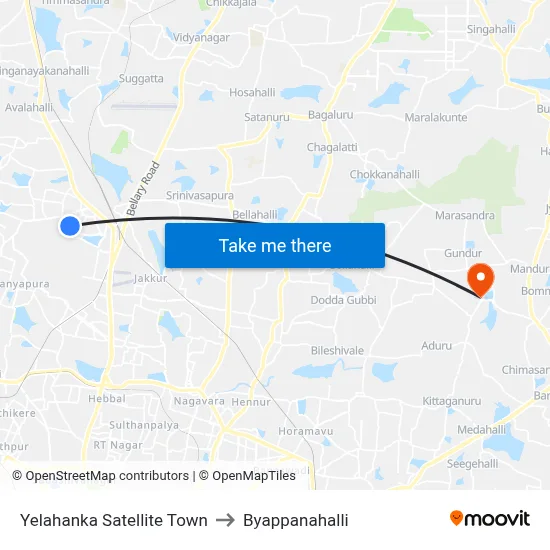 Yelahanka Satellite Town to Byappanahalli map