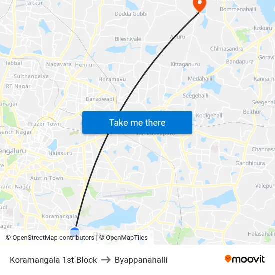 Koramangala 1st Block to Byappanahalli map