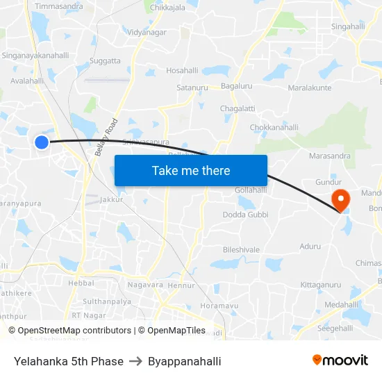 Yelahanka 5th Phase to Byappanahalli map