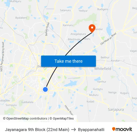 Jayanagara 9th Block (22nd Main) to Byappanahalli map